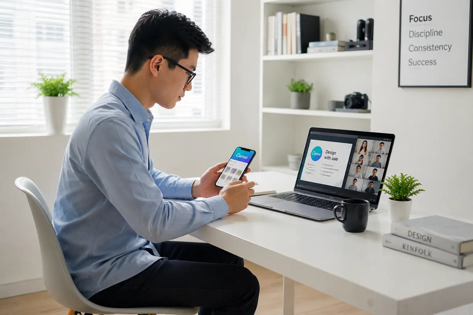 Pria bekerja fokus di ruang kantor modern dengan Canva